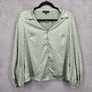 ECLAIR Green Geometric Chain Print Button Down Long Sleeve Blouse Top Small